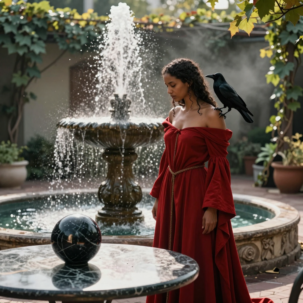 Una ragazza in veste rossa, con un corvo sulla spalla, osserva una sfera di marmo nero posata su un tavolino accanto a una fontana